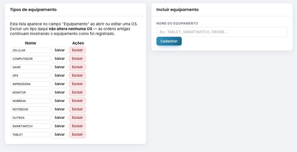 Tela de tipos de equipamento