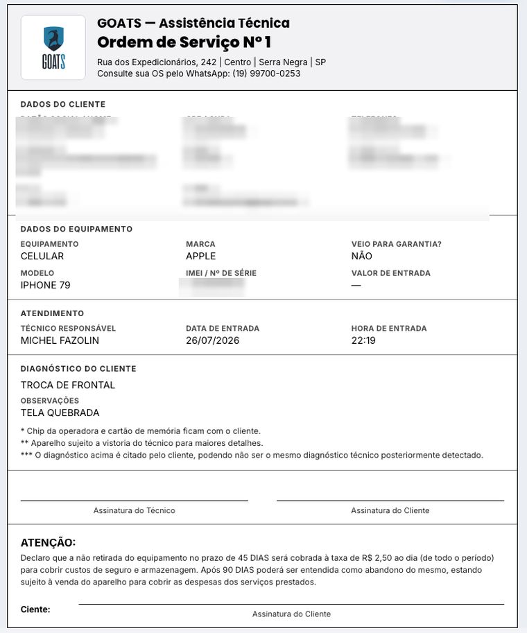 Ordem de serviço pronta para impressão