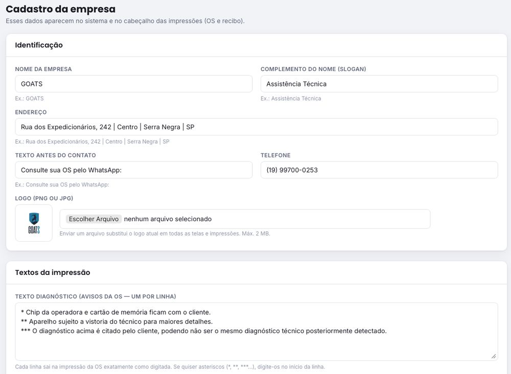 Tela de status da ordem de serviço